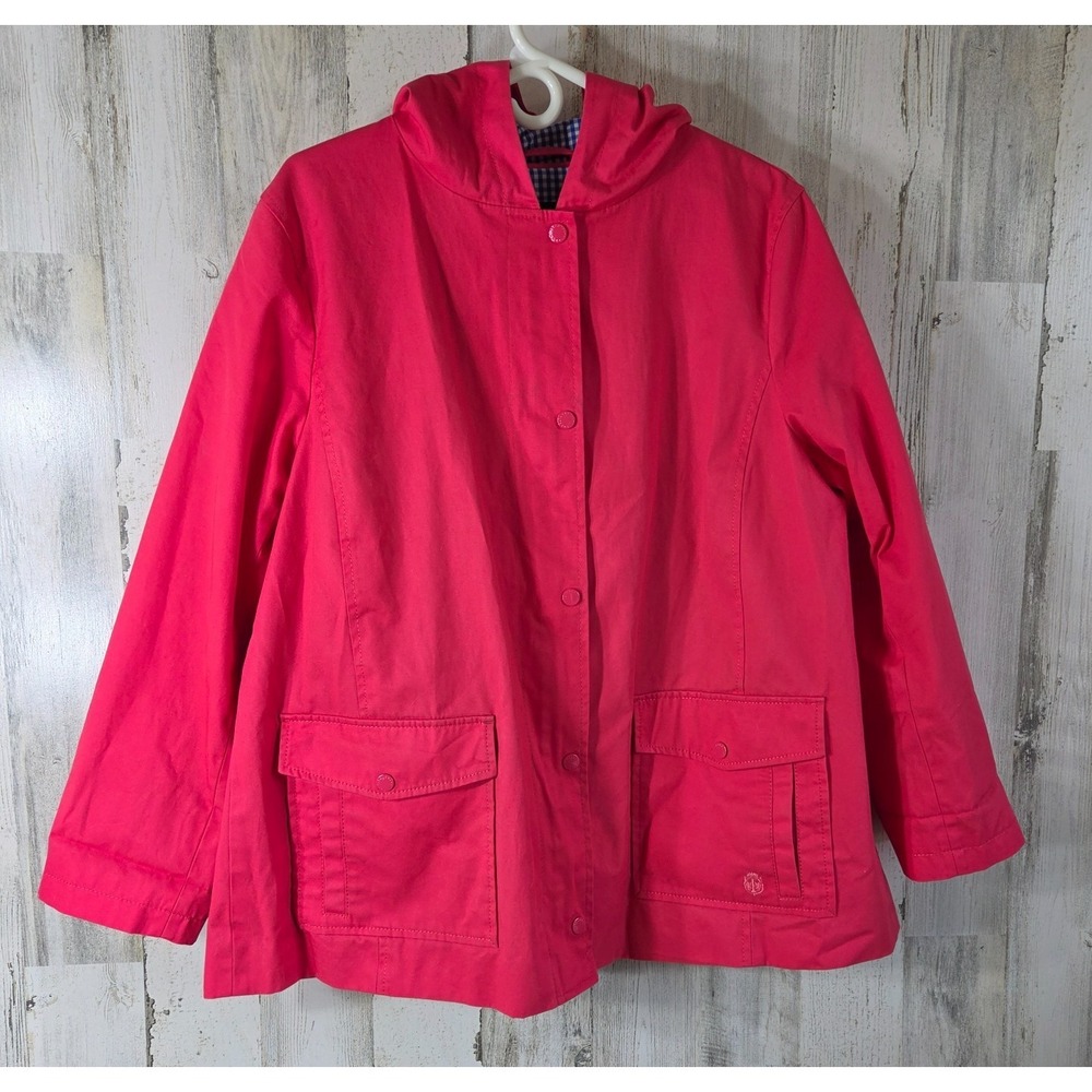 Talbots Womens XL Pink Hooded Rain Jacket Anorak Windbreaker Gingham Lined Coat